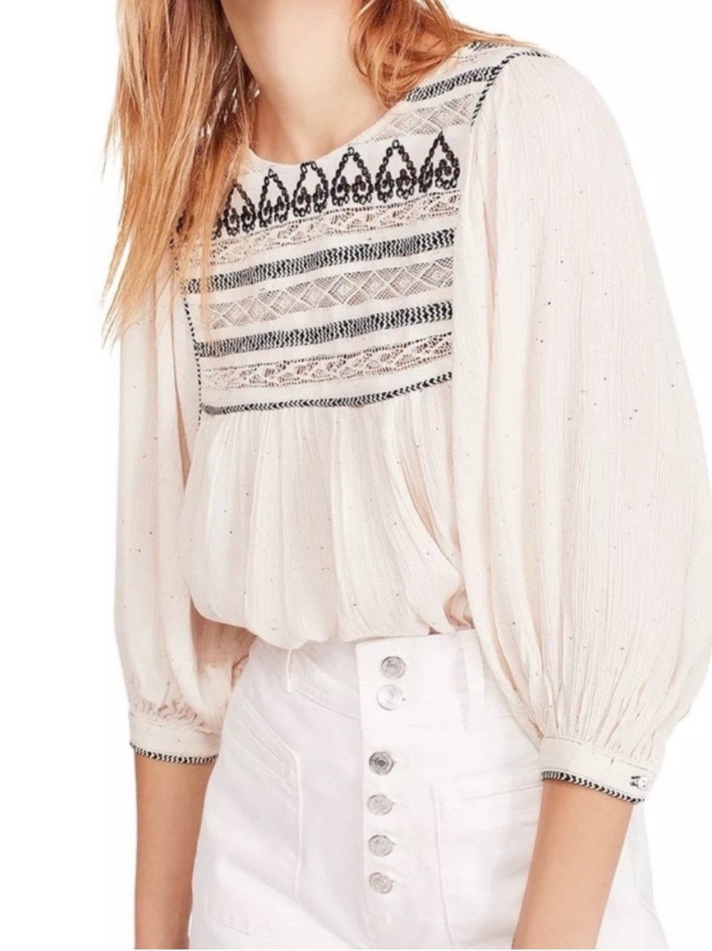Free People Cyprus Avenue Ivory Embroidered Top Size Medium - Picture 2 of 14